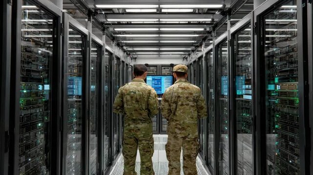 Two uniformed military personnel stand with their backs to the camera observing server racks in a data center symbolizing digital defense and secure infrastructure