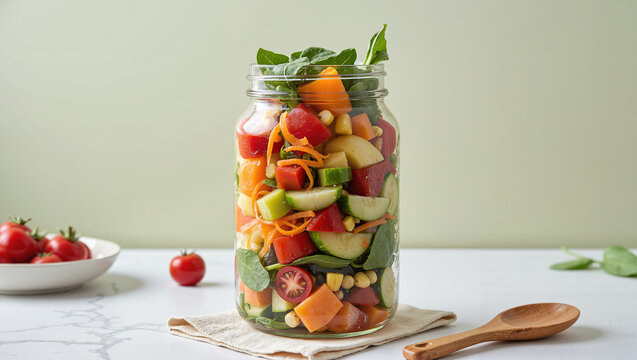 Fresh and healthy salad in mason jar for meal prep, elegant style with tomatoes, cucumbers and corn, in red, green, and orange colors, for diet, wellness and clean eating concepts.