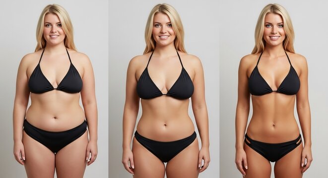 A woman's journey through weight loss, shown in three stages revealing a slimmer figure and increased confidence. Transformation, fitness, and healthy lifestyle