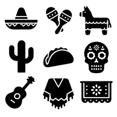 A collection of black glyph icons representing traditional Mexican culture and symbols, including sombrero, taco, and sugar skull.