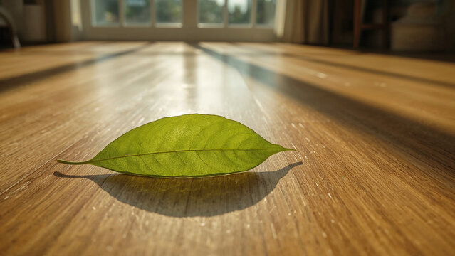 Green leaf with prominent veins casting a shadow on a sunlit wooden floor plant nature