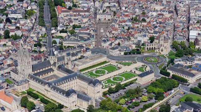 Aerial view of the City of Cean and Abbaye-aux-Hommes in Normandy