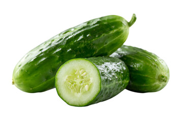 Fresh cucumbers, one sliced, isolated on black background.