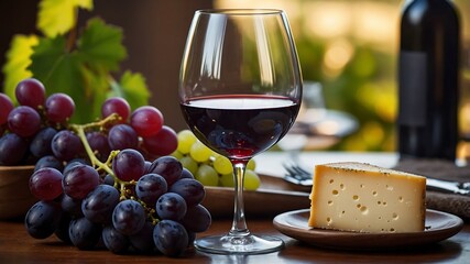 Wine, cheese, grapes still