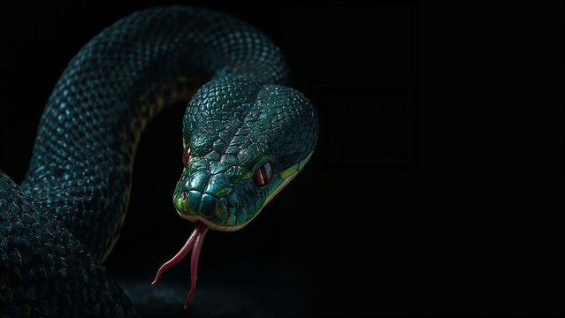 Green Snake Head with Red Eyes and Forked Tongue Emerging from Darkness serpent reptile