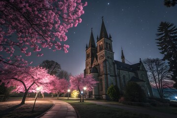Church with pink blossoms at night under a starry sky with a stone path and street lights