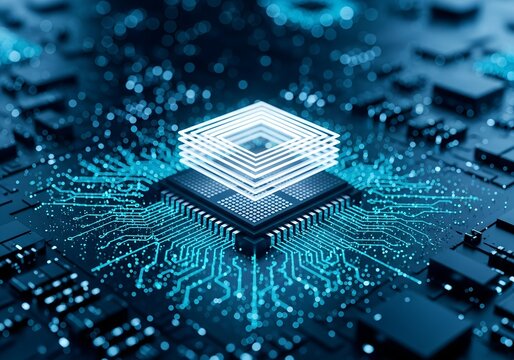 Futuristic glowing microchip processor with circuit board for advanced computer technology