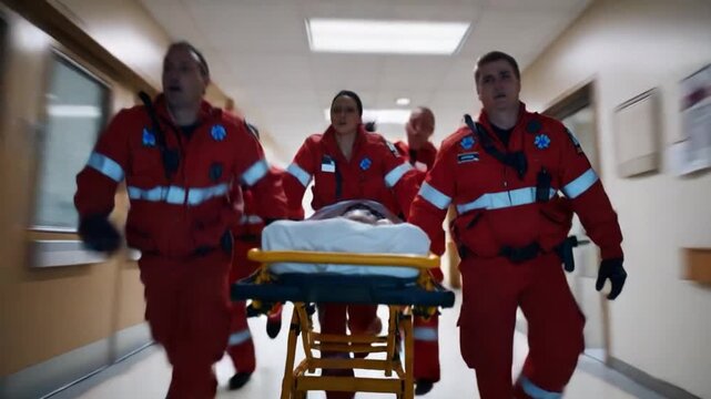 Emergency Team Rush: A dedicated emergency medical team races through a hospital corridor, their faces concentrated, rushing to provide critical care with their red uniform.