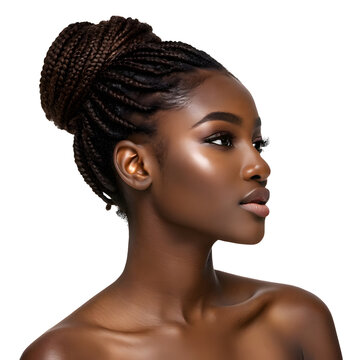 Portrait of a black african woman with curly long braids bun hair isolated on white or transparent background