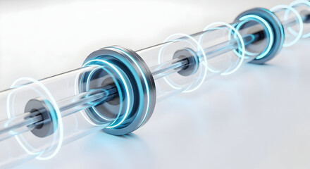 Bright blue light energy flows through a series of interconnected translucent technological structures.