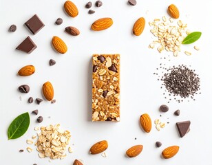 Healthy Granola Bar with Almonds, Chocolate, Oats, and Chia Seeds on White Background