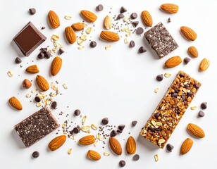 Healthy Granola Bars, Almonds, and Chocolate Chips on White Background