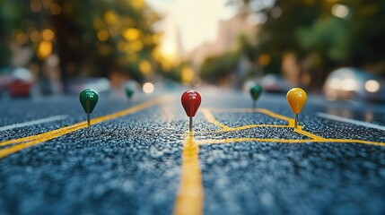 Fototapeta premium Colorful Map Pins on Urban Road for Navigation Concept 