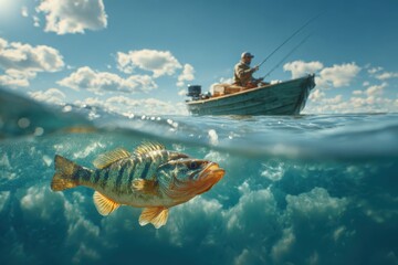 Angler's Delight: A Fisherman Casting Bait from a Boat with a Glimpse of Underwater Action