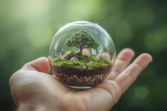 Hand holding a glass sphere terrarium with a miniature tree and moss bonsai