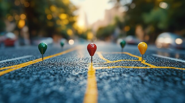 Colorful Map Pins on Urban Road for Navigation Concept 