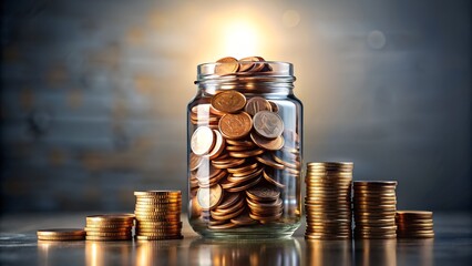 A glass jar overflowing with coins, symbolizing savings and financial growth, with stacks of coins in the foreground and background