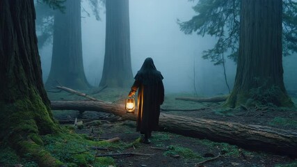 Mysterious person wearing a dark cloak and hood holding an oil lantern walking in a foggy forest at dusk between giant redwood trees, creating a mystical and fantasy atmosphere - Powered by Adobe