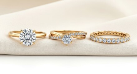 Three gold diamond rings on a white cloth background