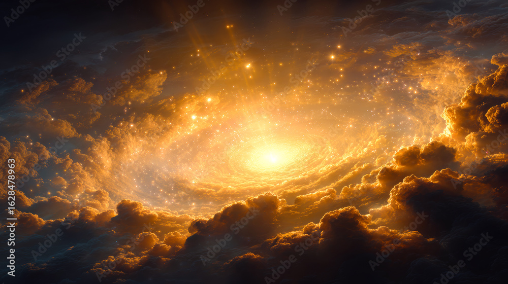 Canvas Prints cloudy background with golden light and dark clouds, in the center is a portal of the universe. deep
