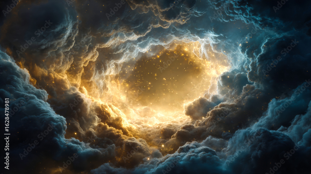 Wall mural cloudy background with golden light and dark clouds, in the center is a portal of the universe. deep