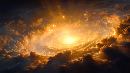 Cloudy background with golden light and dark clouds, in the center is a portal of the universe. Deep scape background.