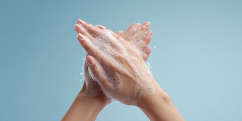 The hands demonstrating proper hygiene with soap and bubbles against a soft backdrop.