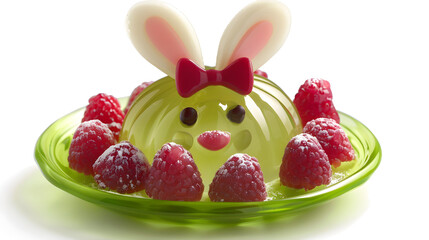 A green plate with a bunny face on it