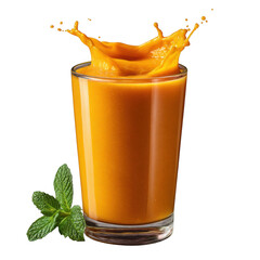 Refreshing orange juice splash in a glass with mint leaves isolated on transparent background