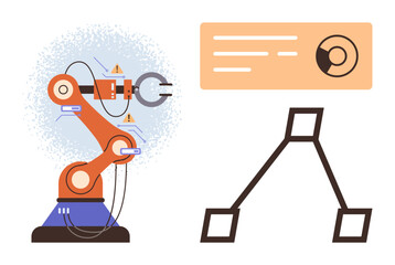 Robotic arm with data screen and branching diagram. Ideal for technology, automation, robotics, artificial intelligence, engineering, manufacturing, data visualization, simple flat metaphor