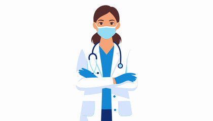 Fototapeta premium Female doctor or nurse in a medical uniform with a face mask and stethoscope. Vector illustration of a healthcare professional.