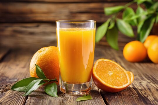 Refreshing Citrus Beverage: Bright Orange Juice on Rustic Wooden Surface