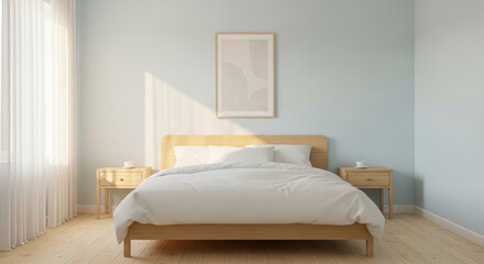 Wide shot of a modern minimalist bedroom with a pale blue accent wall, a wooden bed with white bedding, and line art, illuminated by morning sunlight.
