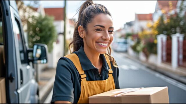 A young woman wearing an orange apron carries a package from a delivery van in a sunny residential area. She appears happy while making her deliveries on a clear day