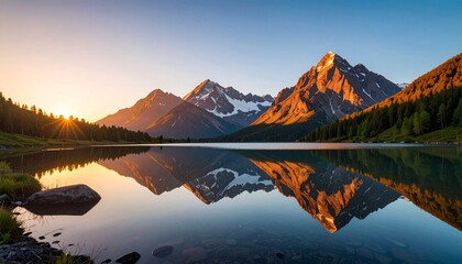 Fototapeta premium Golden-lit mountain peak reflected in tranquil lake—sunrise or sunset glow, scattered clouds, and a lone cabin nestled near the shore evoke harmony between nature and solitude.