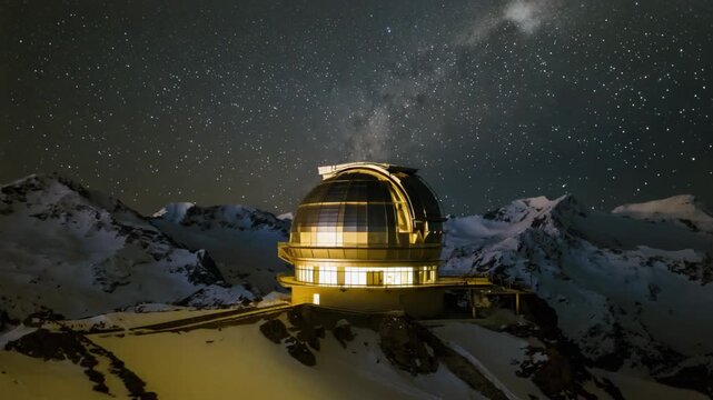 Illuminated sphinx observatory rising majestically atop a snowy swiss alps peak, surrounded by the ethereal glow of a starry night sky, creates a breathtaking scene of scientific exploration