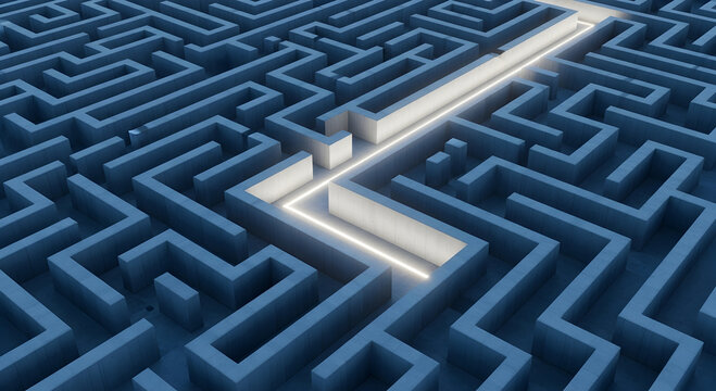 A complex blue maze features a bright, illuminated path leading directly to the exit, symbolizing clear direction.
