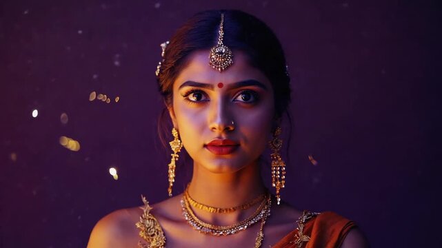 Studio portrait of a beautiful young indian woman wearing traditional orange clothes and gold jewelry posing in front of a purple background with golden confetti falling during diwali festival