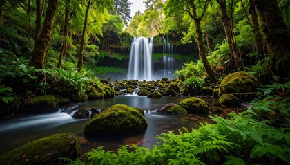 Twin-stream waterfall cascades into forest river—surrounded by ferns, mossy rocks, and sunlit greenery, creating a tranquil, lush sanctuary beneath a dense canopy.