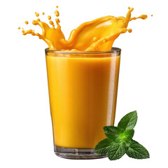 Refreshing orange juice splash in a glass with mint leaves isolated on transparent background