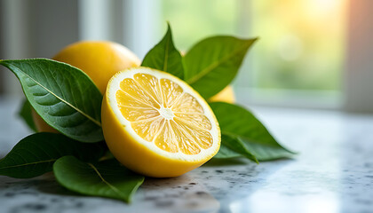 Fresh ripe lemons with green leaves on a textured surface with soft sunlight