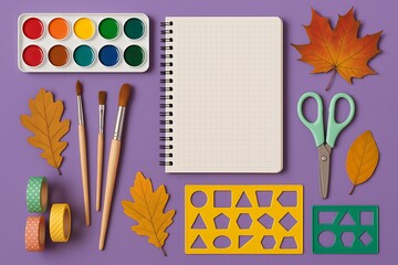 Creative fall art supplies arranged on a purple surface for artistic projects and crafts