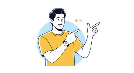 Obraz premium Illustrative graphic depicting a friendly man pointing towards information with a bright yellow shirt and blue circular background elements
