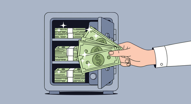 Securing financial assets safely storing wealth in a locked deposit box with cash money for protection and investment