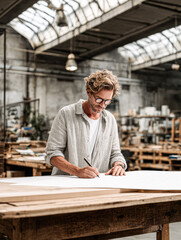 A man with glasses working on a large blueprint or design in an industrial-style workshop with metal beams and ample natural light.