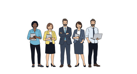 Obraz premium Diverse professional business team standing together holding folders and laptops ready to collaborate effectively