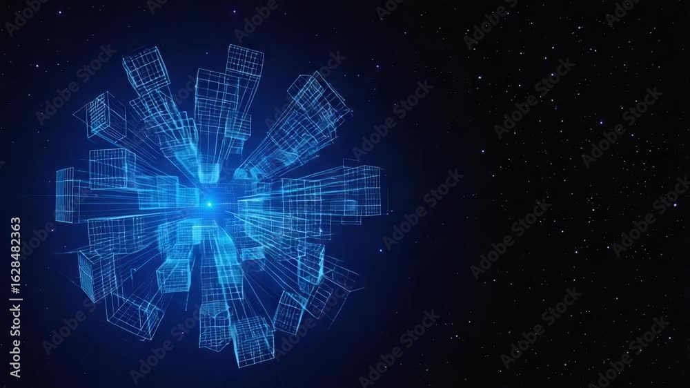 Wall mural glowing blue wireframe buildings are expanding in the vastness of deep space, creating a mesmerizing