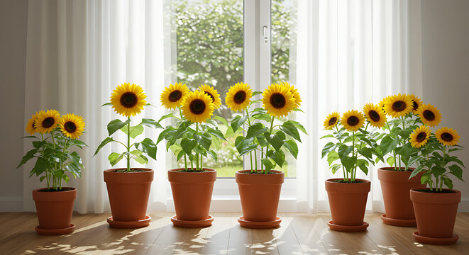 Display potted dwarf sunflowers basking in bright morning sun through a window. Use terracotta pots, white curtains, and a light wood floor to create a warm, sunny indoor gardening feel.