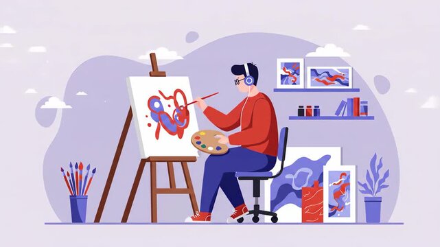 Flat vector an artist painting on an easel in his studio, he is wearing headphones and holding a brush and palette, the artwork is colorful and abstract, illustration