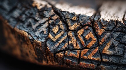 A painted wooden shield fragment shows heat-cracked surface blackened edges and faint Norse geometric patterns telling a story of fire and legacy.